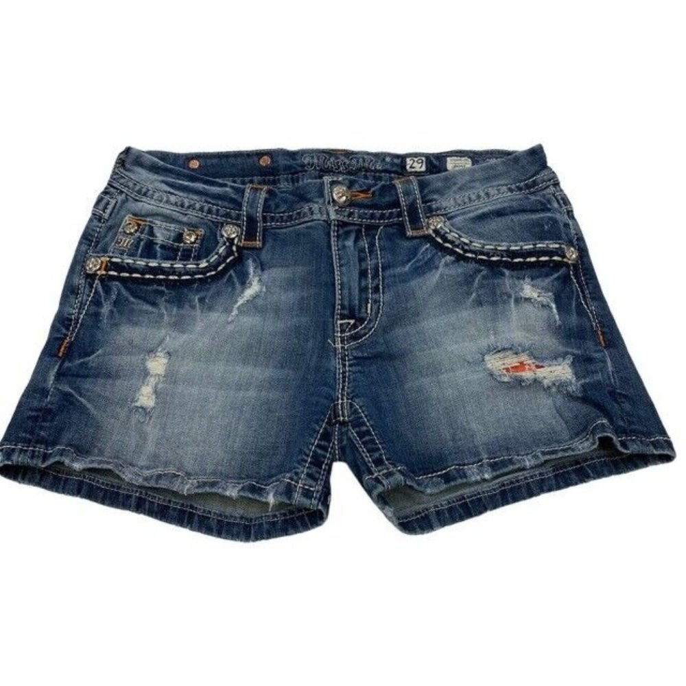 Miss Me Shorts Womens 29 Denim Jean Bling Flap Pockets Thick Stitch Distressed